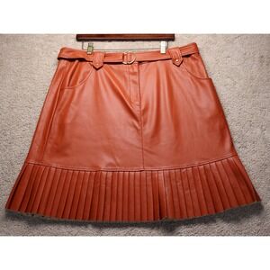 RYEGRASS Faux Leather Pleated Skirt Belted Orange Boho Chic 18 Festival Western